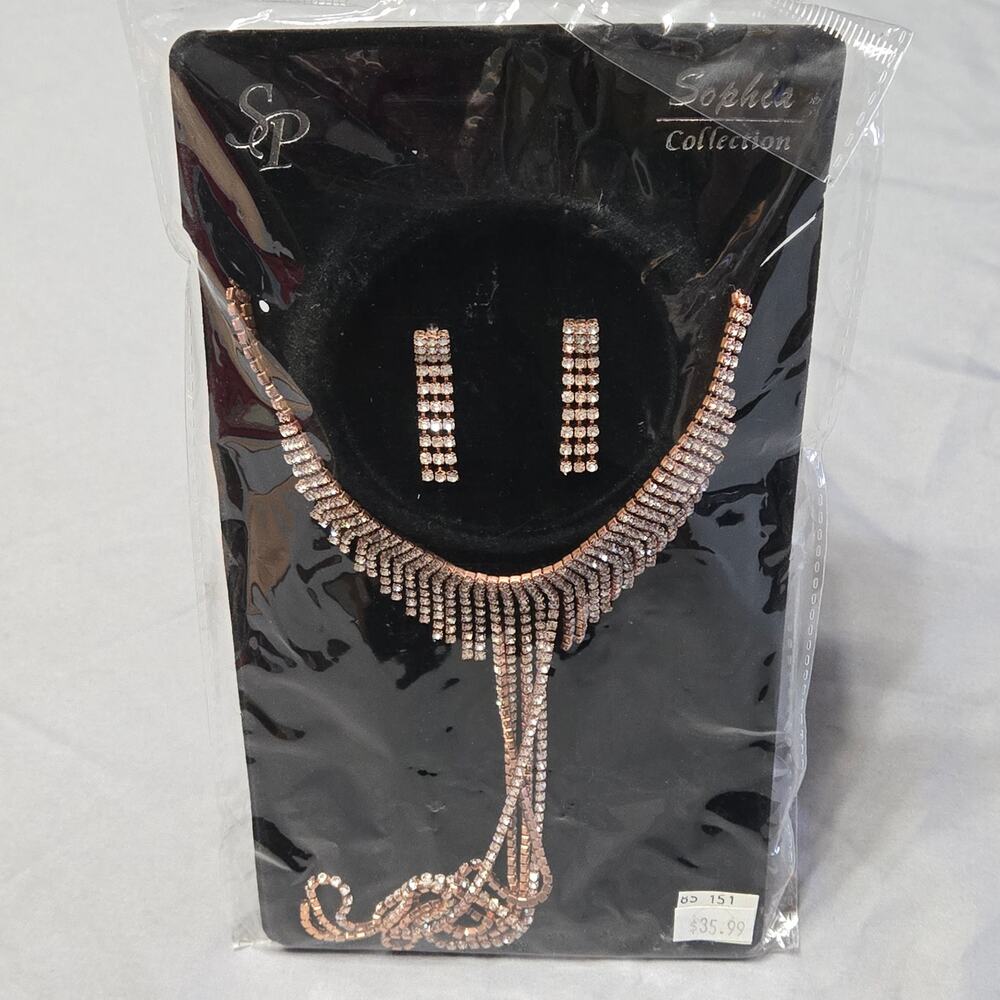 Sophia Collection Rose Gold Rhinestone Fringe Necklace & Earring Set